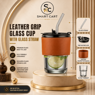 LEATHER GRIP GLASS CUP WITH GLASS STRAW