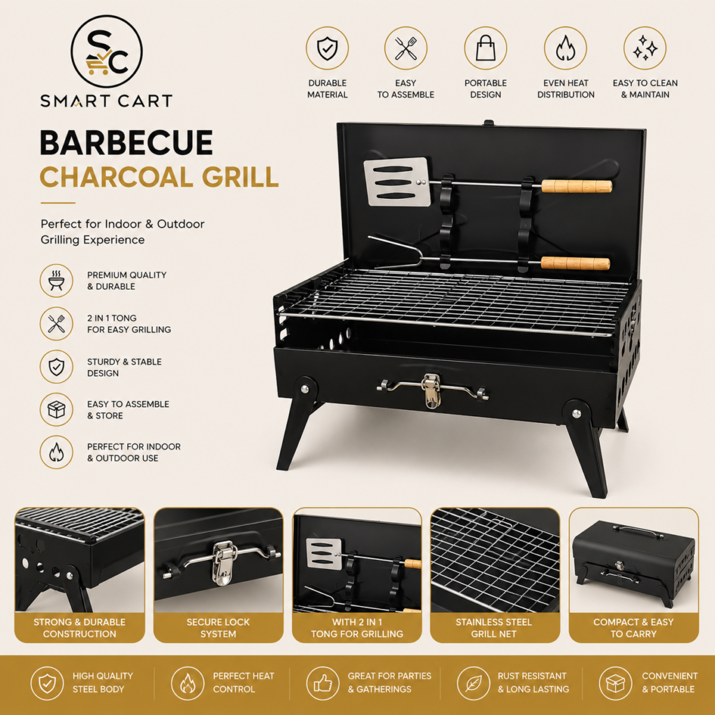 BARBECUE INDOOR AND OUTDOOR CHARCOAL GRILL WITH 2 TONG