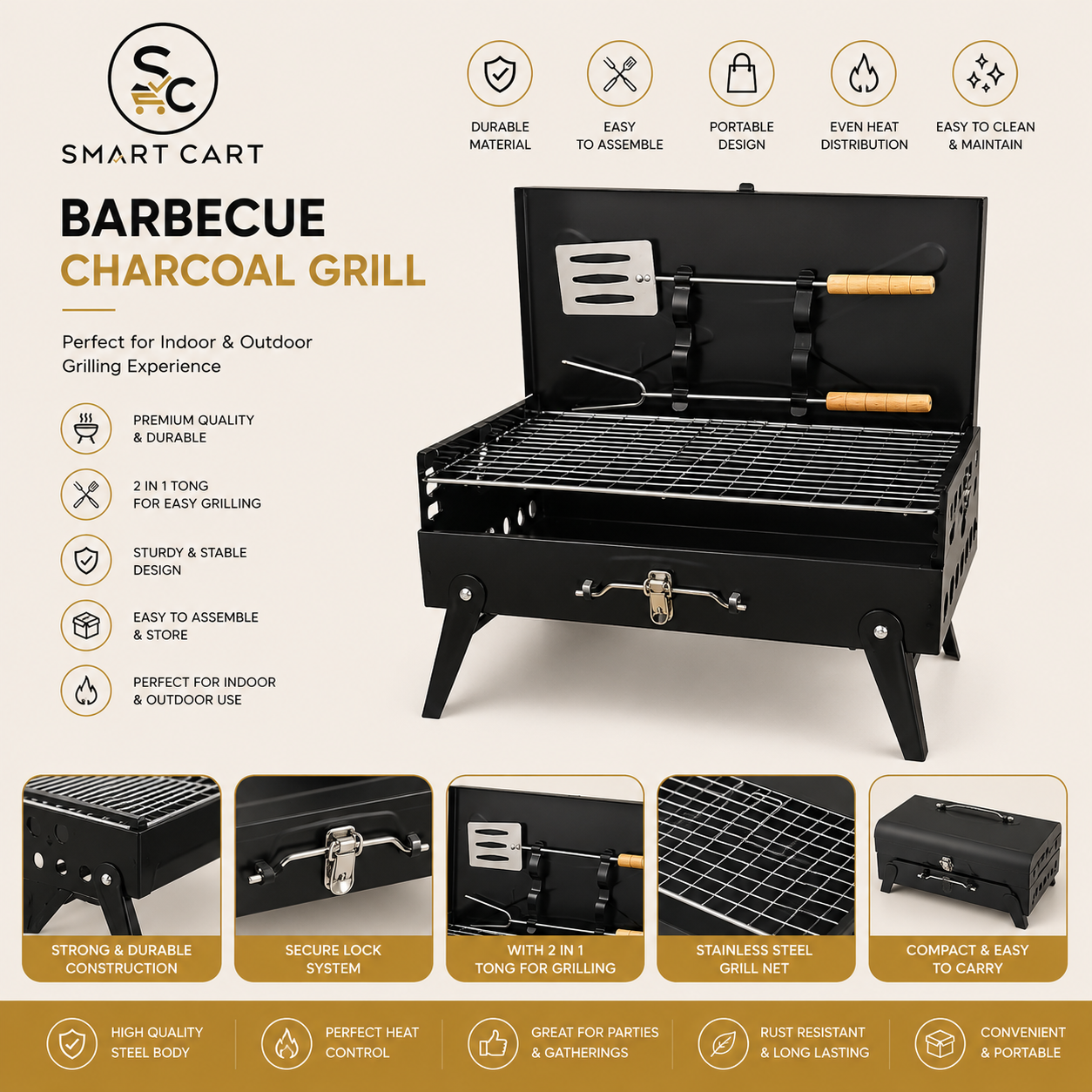 BARBECUE INDOOR AND OUTDOOR CHARCOAL GRILL WITH 2 TONG