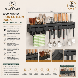 60CM KITCHEN IRON CUTLERY RACK WITH 3 SPOON CUP