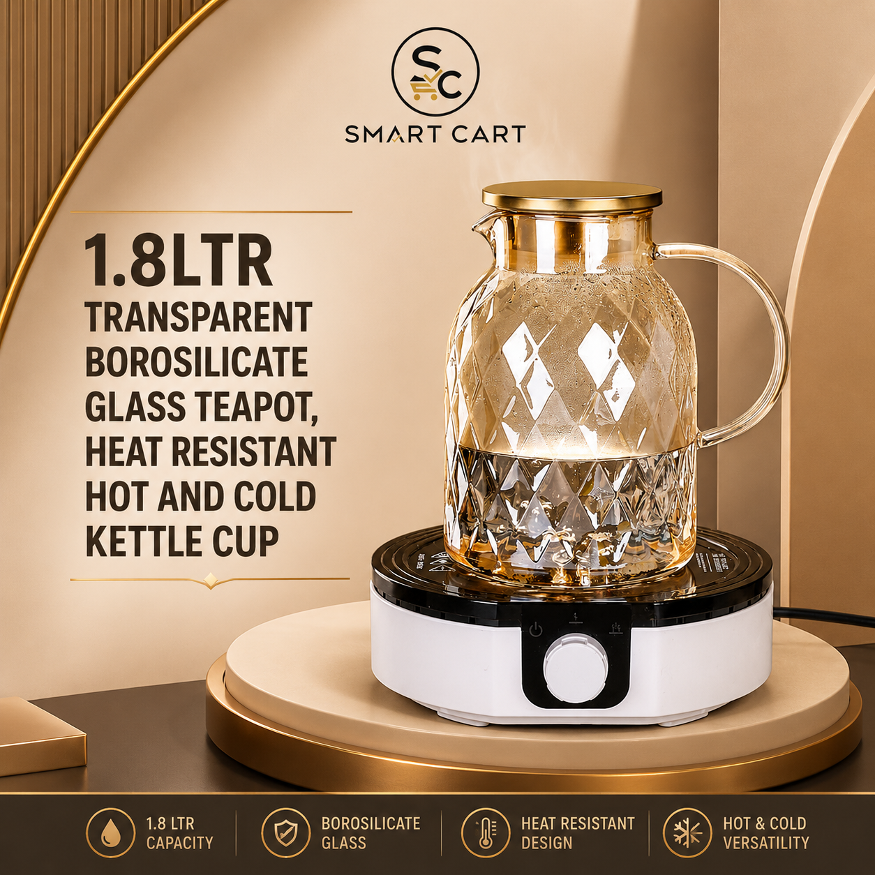 1.8LTR TRANSPARENT BOROSILICATE GLASS TEAPOT,HEAT RESISTANT HOT AND COLD KETTLE CUP