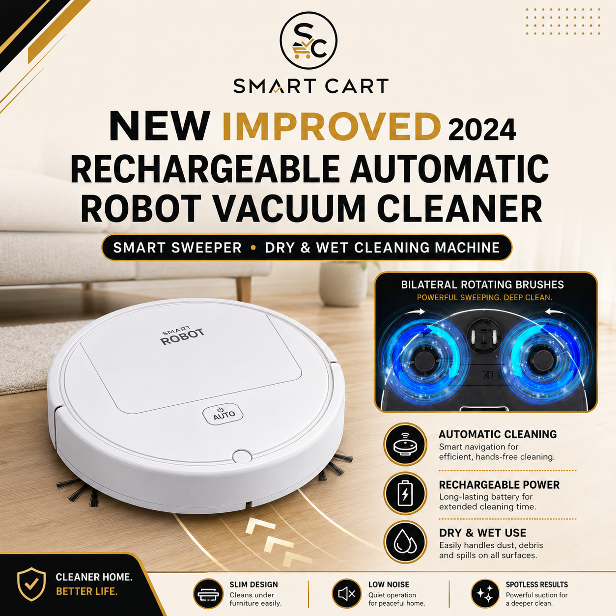 NEW IMPROVED 2024 RECHARGEABLE AUTOMATIC ROBOT VACUUM CLEANER,SMART SWEEPER,DRY WET CLEANING MACHINE