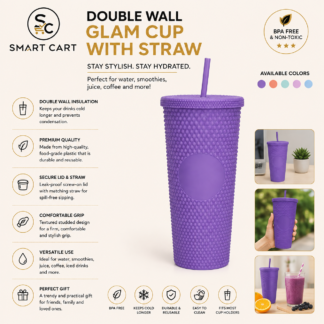 DOUBLE WALL GLAM CUP WITH STRAW FOR WATER,SMOOTHIE,JUICE,COFEE