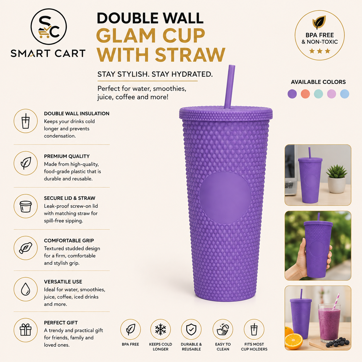 DOUBLE WALL GLAM CUP WITH STRAW FOR WATER,SMOOTHIE,JUICE,COFEE
