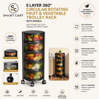 5 LAYER 360 DEGREE CIRCULAR ROTATING FRUIT,VEGETABLE TROLLEY RACK WITH WHEELS