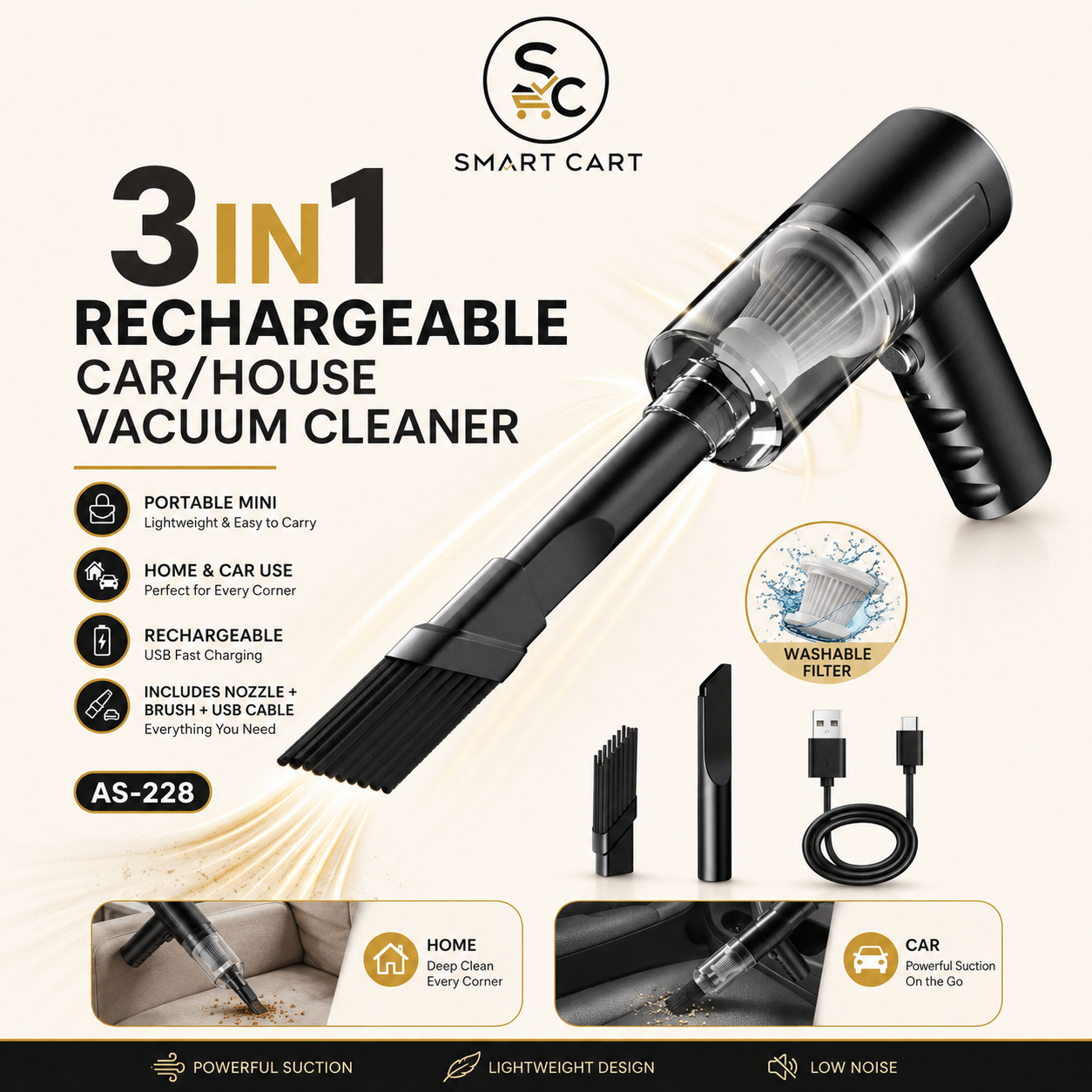 3IN1 RECHARGEABLE CAR/HOUSE VACUUM CLEANER