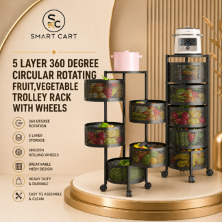 5 LAYER 360 DEGREE CIRCULAR ROTATING FRUIT,VEGETABLE TROLLEY RACK WITH WHEELS