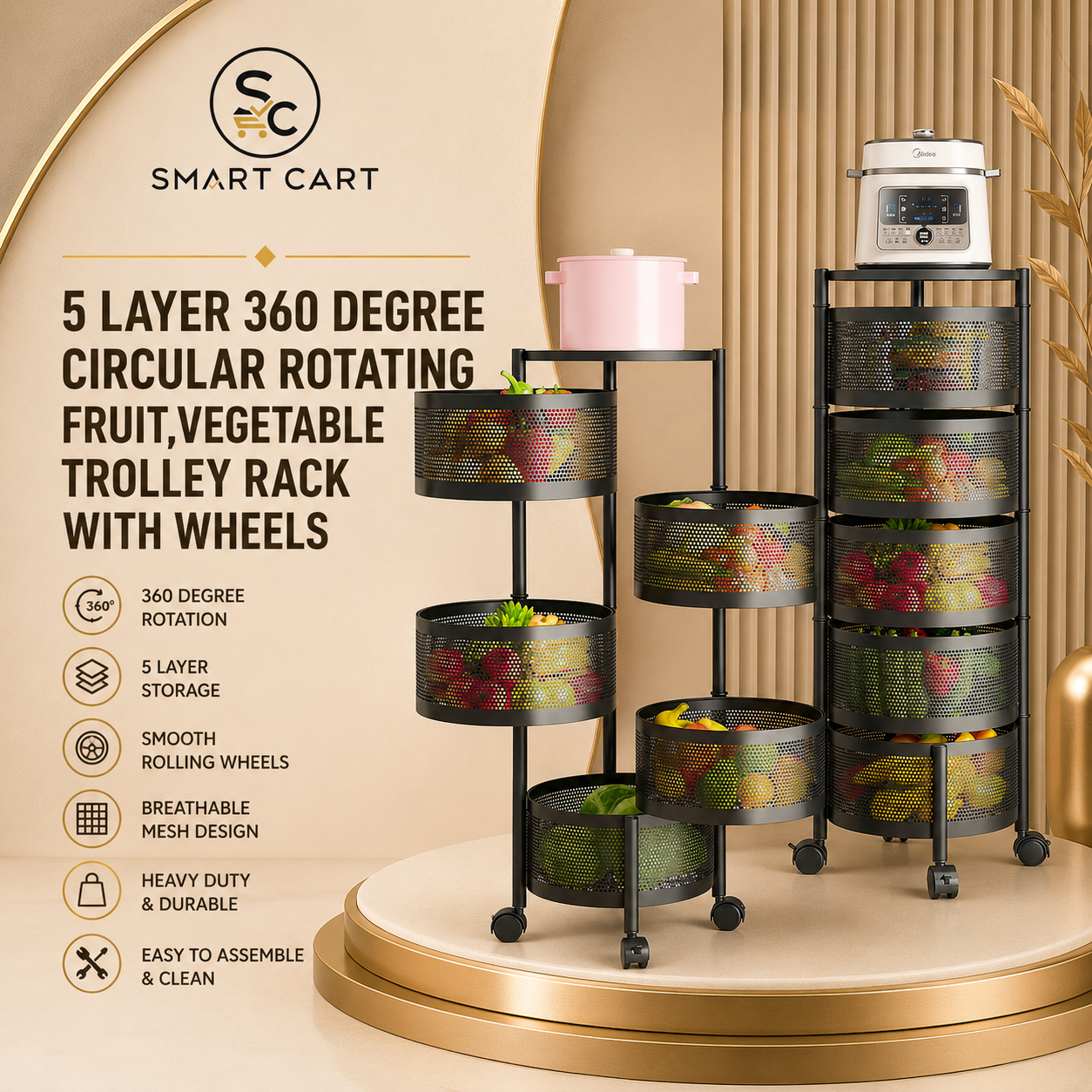 5 LAYER 360 DEGREE CIRCULAR ROTATING FRUIT,VEGETABLE TROLLEY RACK WITH WHEELS