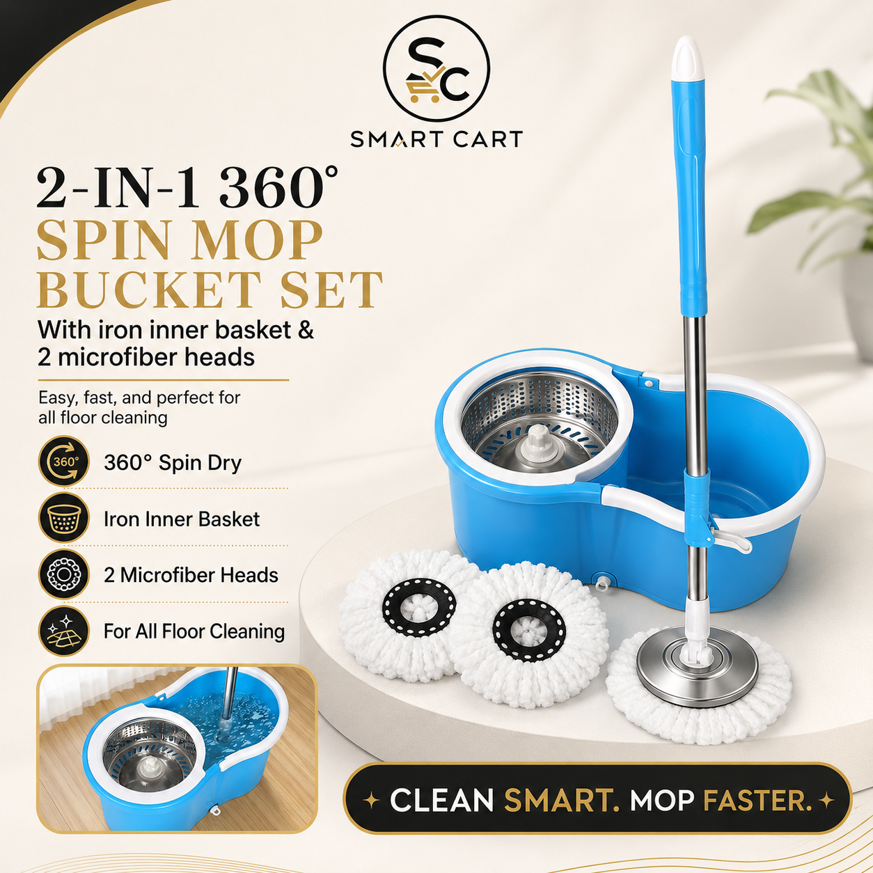 2IN1 MAGIC 360 DEGREE WASH AND DRY MOP BUCKET SET COMES WITH: IRON INNER 2 FIBRE MOP HEAD COLOR:RED AND BLUE