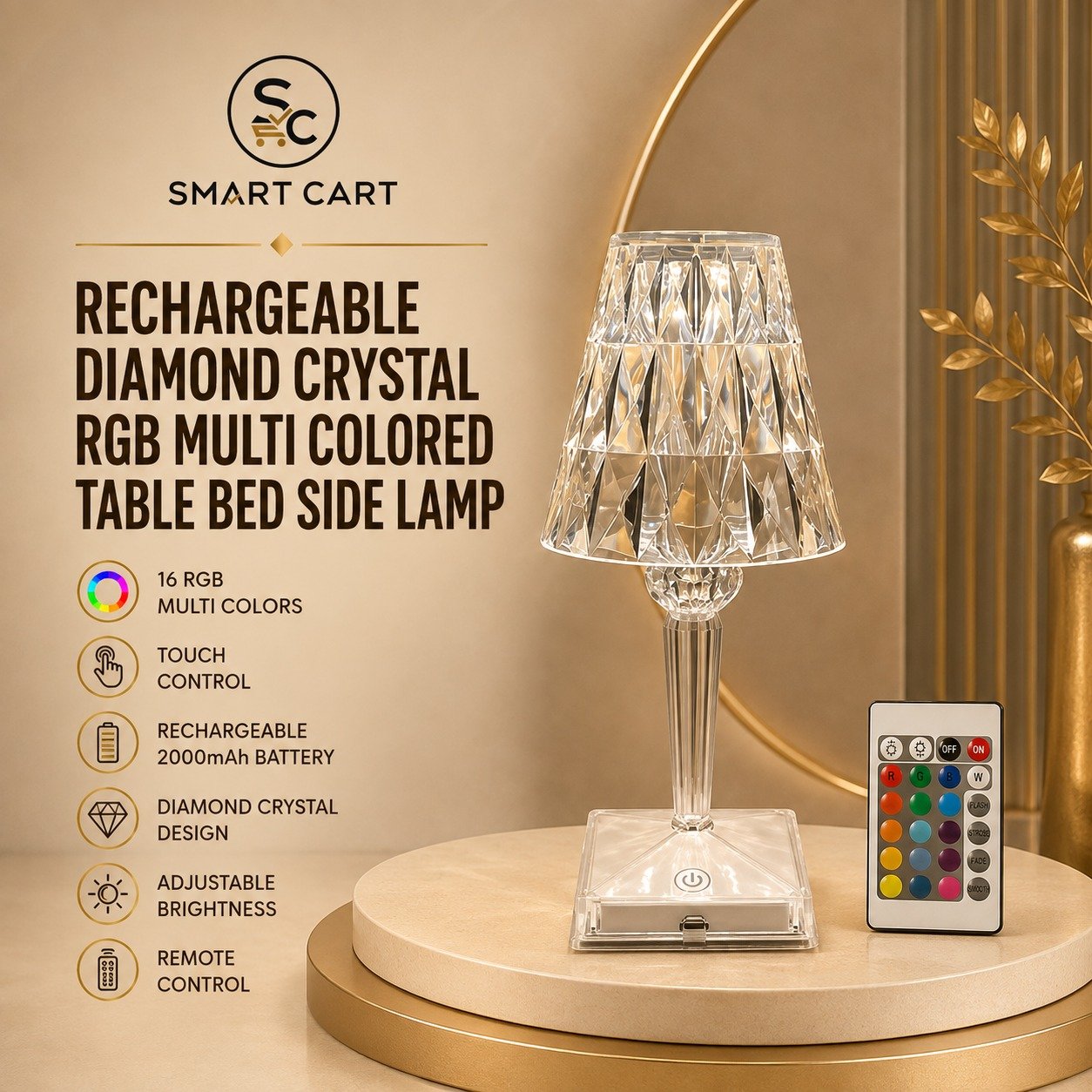 RECHARGEABLE DIAMOND CRYSTAL RGB MULTI COLORED TABLE BED SIDE LAMP
