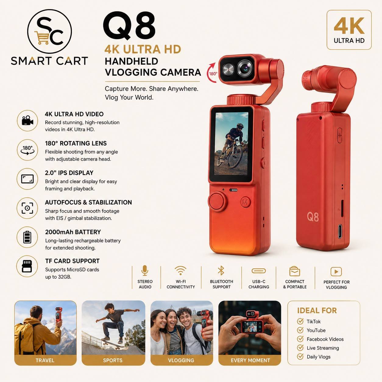 Q8 4K ULTRA HD HANDHELD/POCKET VLOGGING CAMERA