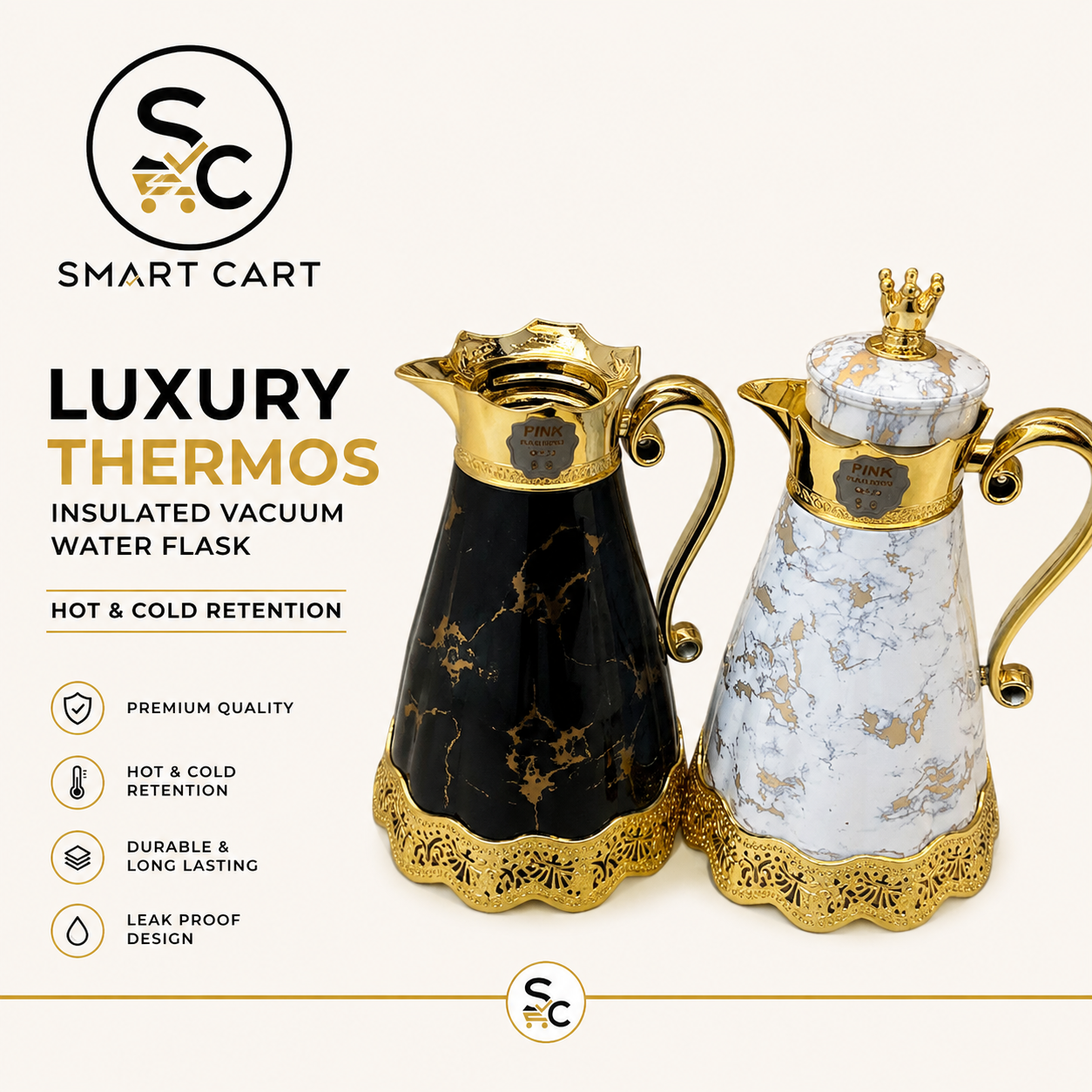Luxury Thermos insulated vacuum water flask, hot & cold retention( Marble design)
