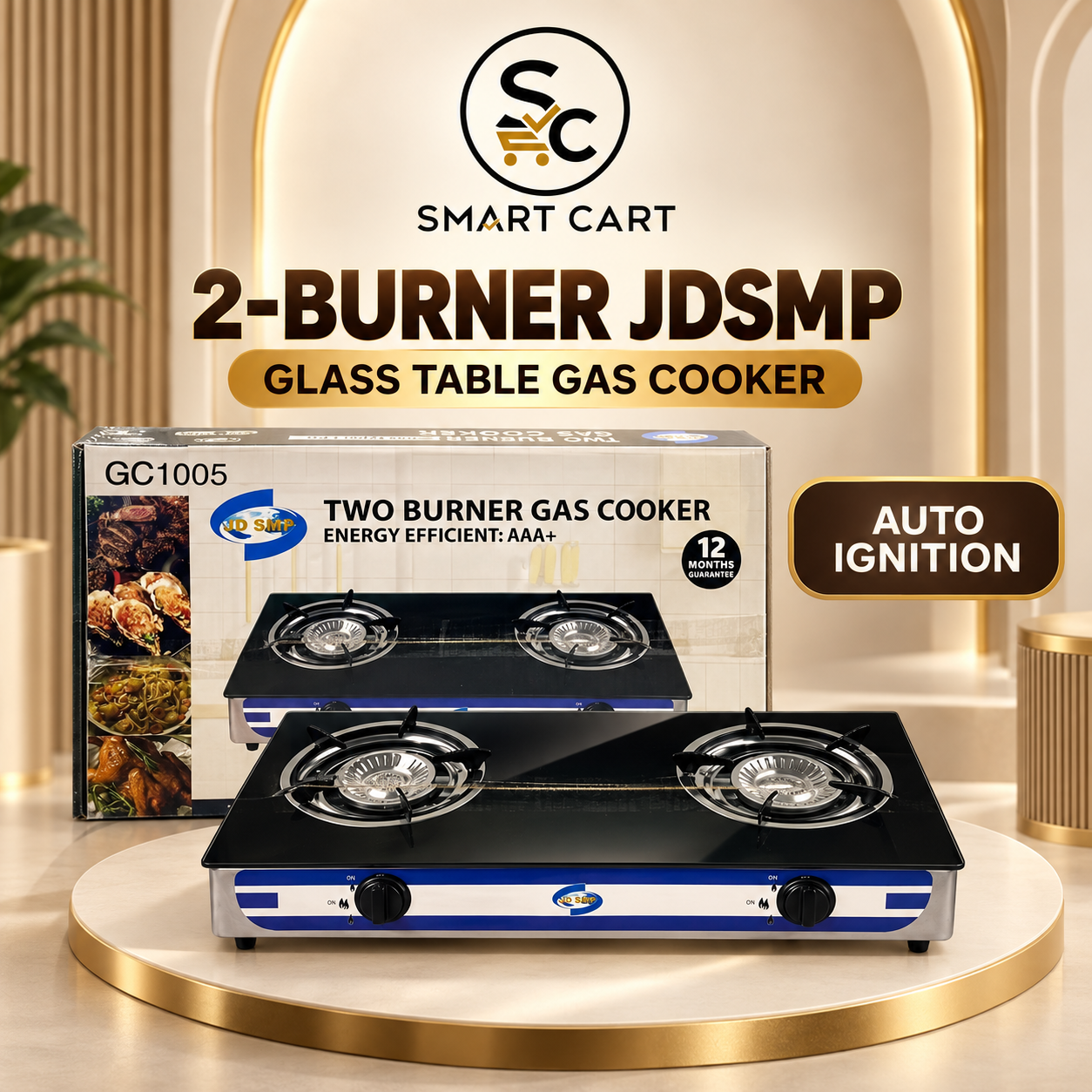 2 FACE GLASS JDSMP AUTO IGNITION TABLE GAS COOKER
