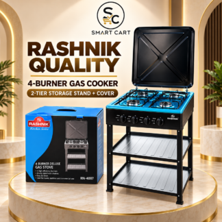 4 FACE BURNER RASHNIK QUALITY GAS COOKER WITH 2 STEP STORAGE STAND AND COVER