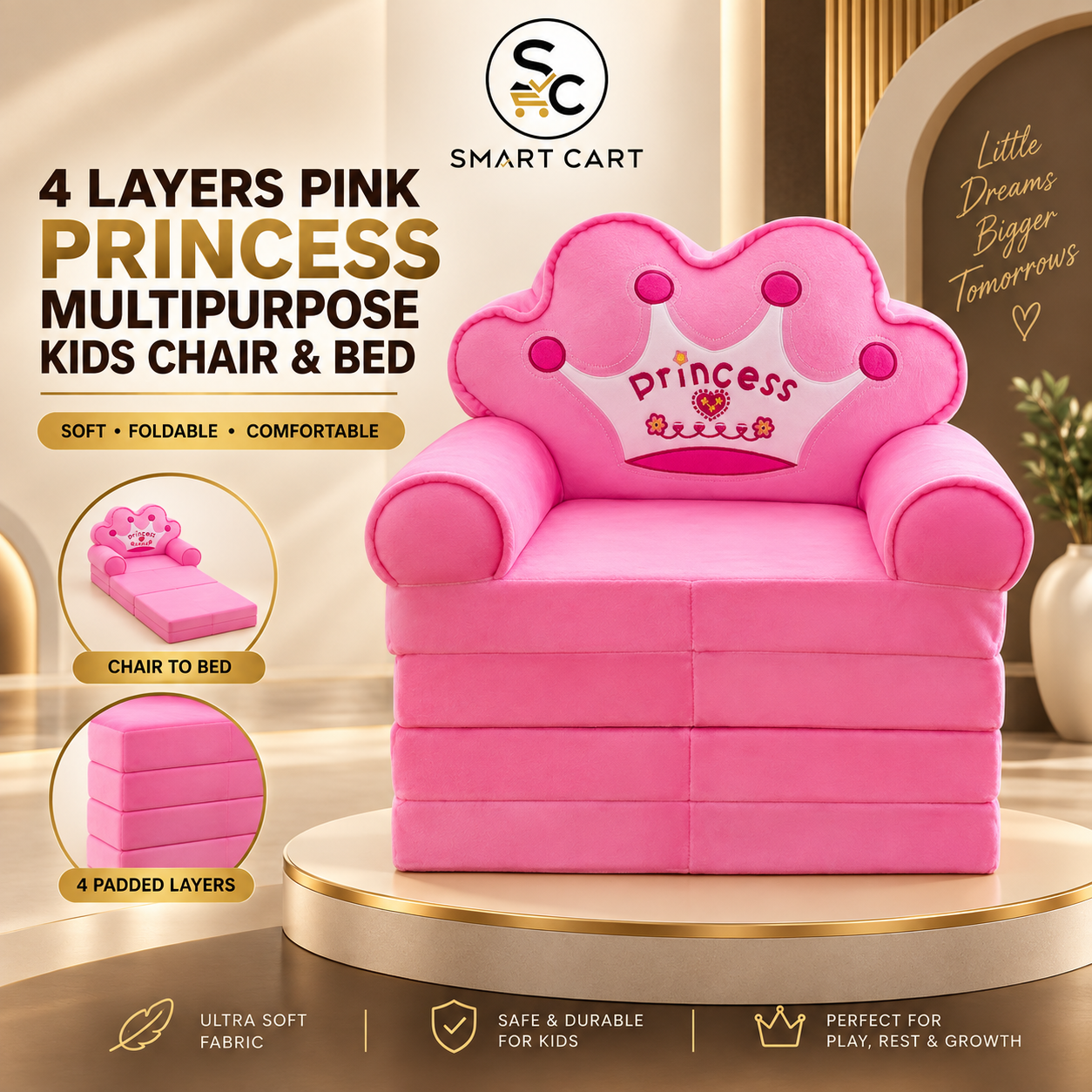 4 LAYERS PINK PRINCESS MULTIPURPOSE KIDS CHAIR AND BED