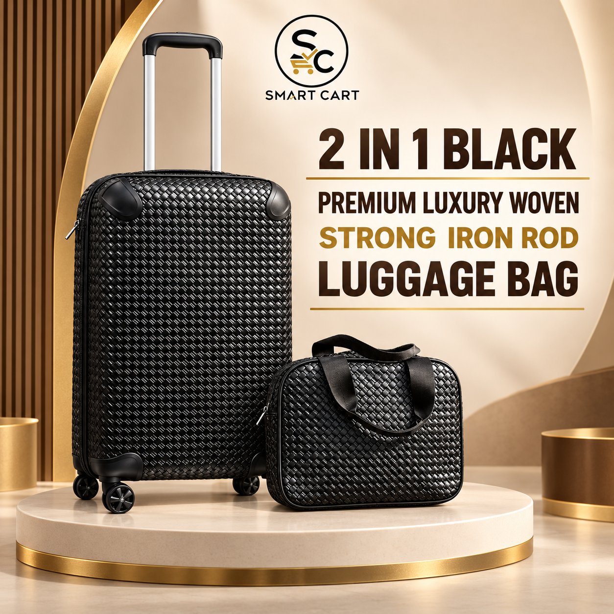 2 IN 1 BLACK PREMIUM LUXURY WOVEN QUALITY STRONG IRON ROD LUGGAGE BAG