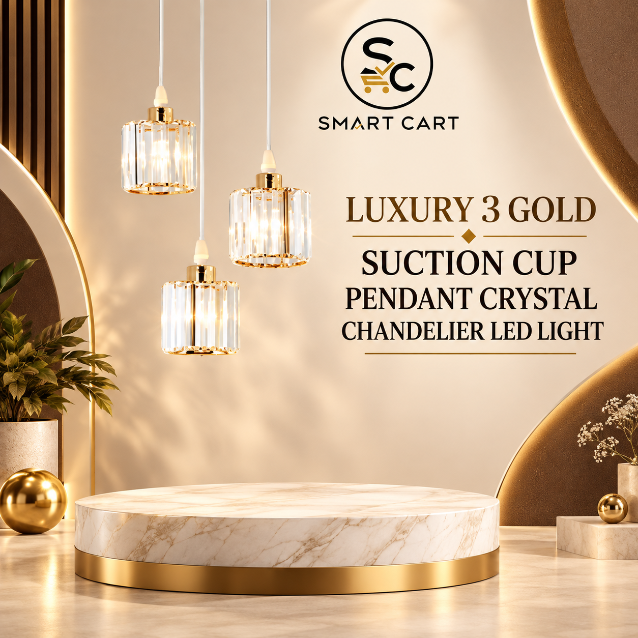 LUXURY 3 GOLD SUCTION CUP PENDANT CRYSTAL CHANDELIER LED LIGHT