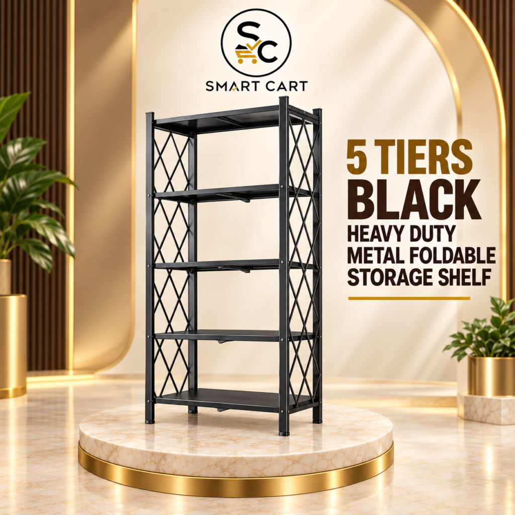 5 TIERS BLACK HEAVY DUTY METAL FOLDABLE STORAGE SHELF