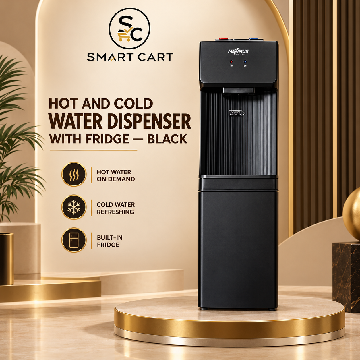 HOT AND COLD WATER DISPENSER WITH FRIDGE — BLACK